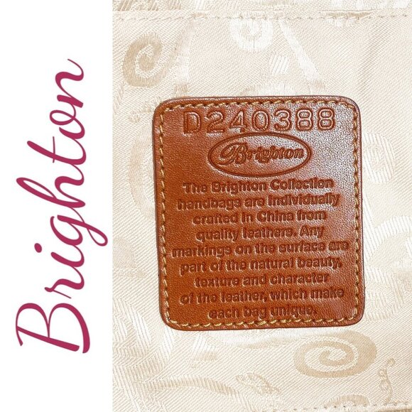 BRIGHTON White & Tan Pebbled Leather Satchel Shoulder Bag Croc Heart Detail - Picture 10 of 15